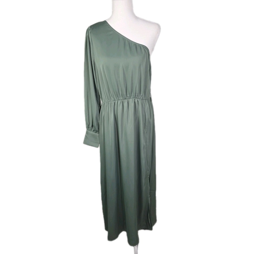 Kirundo One Shoulder Maxi Dress Sage Green Long Sleeve Slit Size L NWOT - Picture 3 of 12
